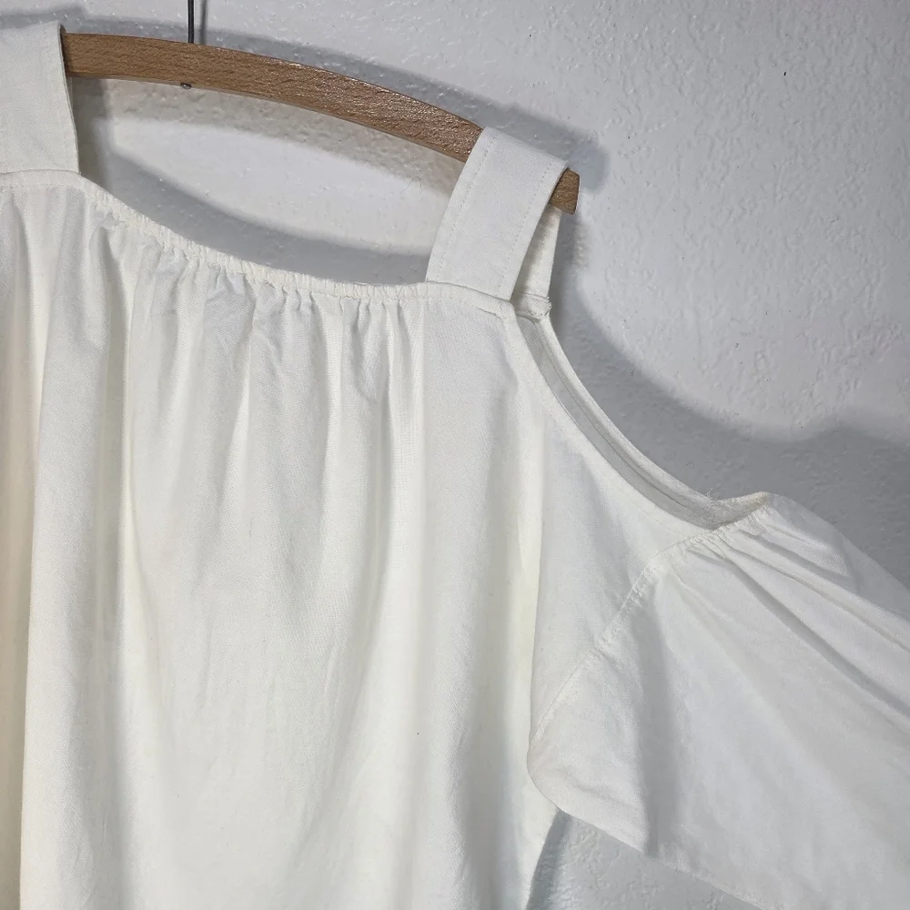 Madewell Top Blouse XS Women's Indigo Cold Shoulder 3/4 Sleeve White 100% Cotton - Picture 7 of 15
